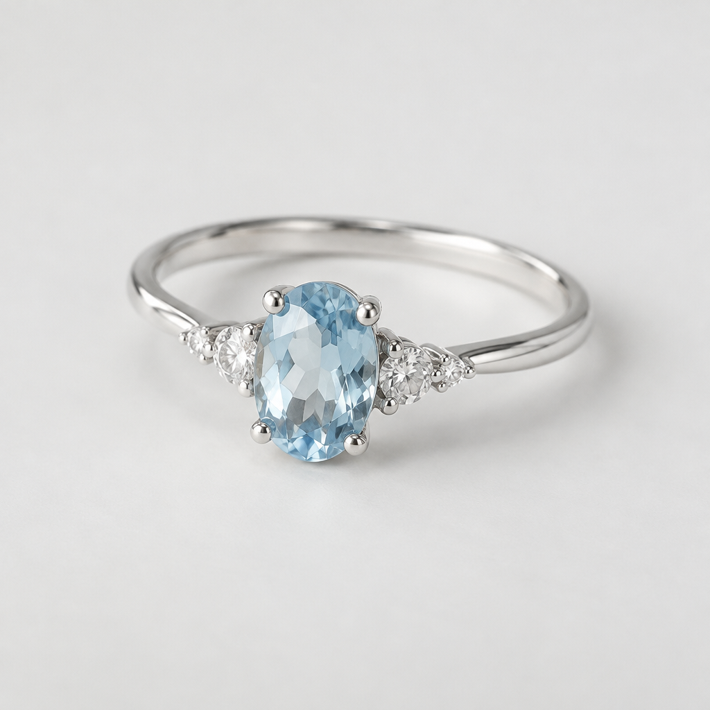 Make a ring with a light blue stone and and some white small stones
photorealistic jewelry design, Make a ring with a light blue stone and and some white small stones, minimalist style, just the design no text