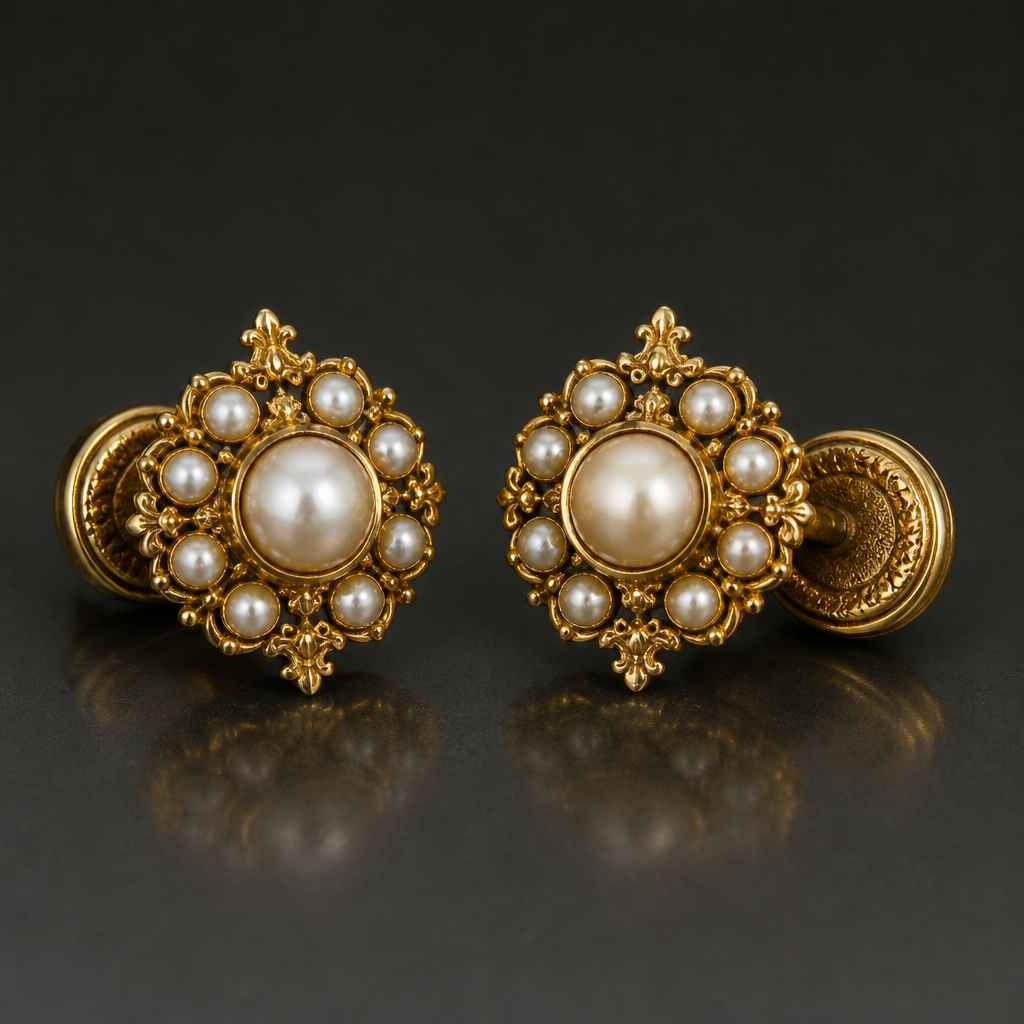 A renaissance women's cufflinks made of gold with pearl stones
photorealistic jewelry design, A renaissance women's cufflinks made of gold with pearl stones, renaissance style, just the design no text