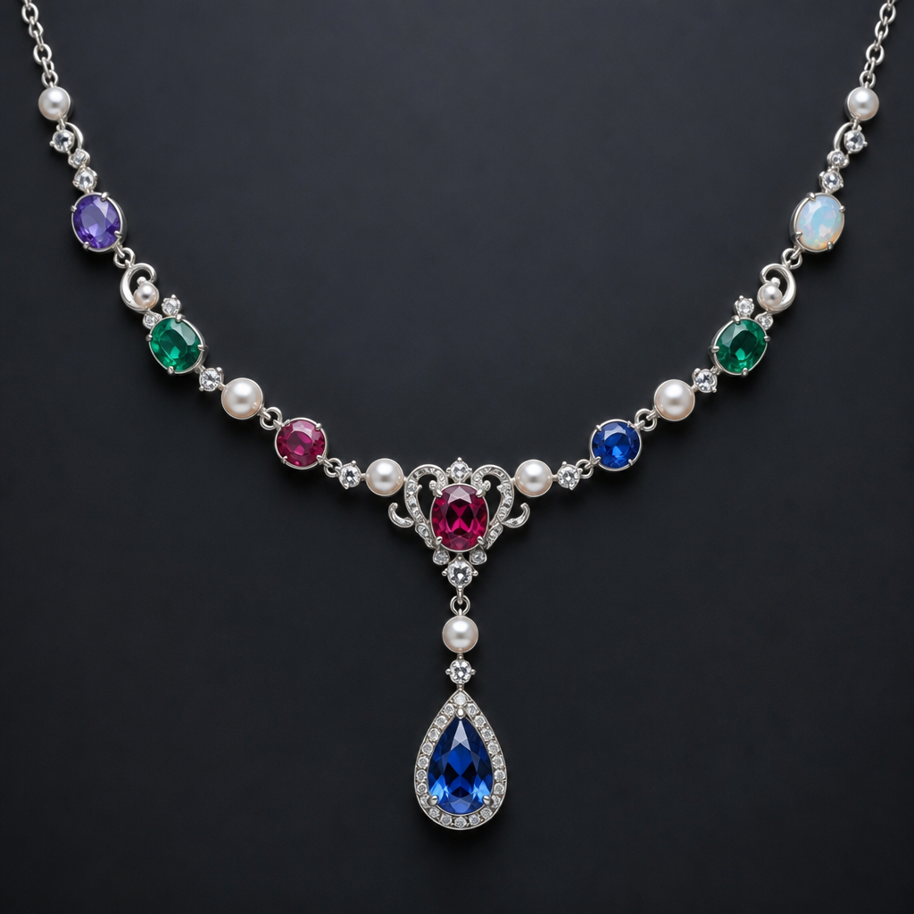 A classic women's necklace made of platinum with ruby and sapphire and pearl and emerald and amethyst and opal stones suitable for wedding. delicate neckless ruby and brass metal mojonight stone with light weight
photorealistic jewelry design, A classic women's necklace made of platinum with ruby and sapphire and pearl and emerald and amethyst and opal stones suitable for wedding. delicate neckless ruby and brass metal mojonight stone with light weight, classic style, just the design no text