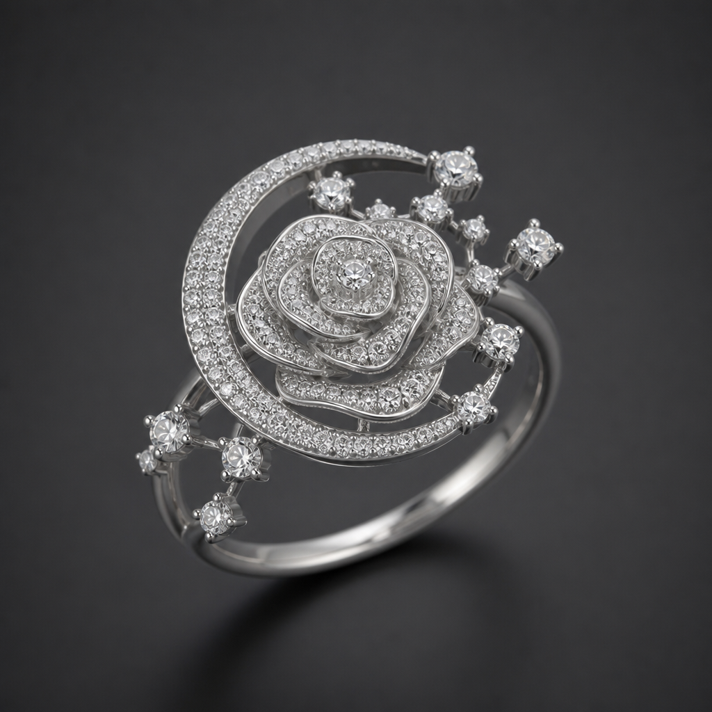 A modern women's ring made of silver with diamond stones. quero um anel que fale do amor entre as duas pessoas. quero um desenho de uma rosa de diamante mas como a Lua com varias predas ao redor do anel como as estrelas que brilham
photorealistic jewelry design, A modern women's ring made of silver with diamond stones. quero um anel que fale do amor entre as duas pessoas. quero um desenho de uma rosa de diamante mas como a Lua com varias predas ao redor do anel como as estrelas que brilham, modern style, just the design no text