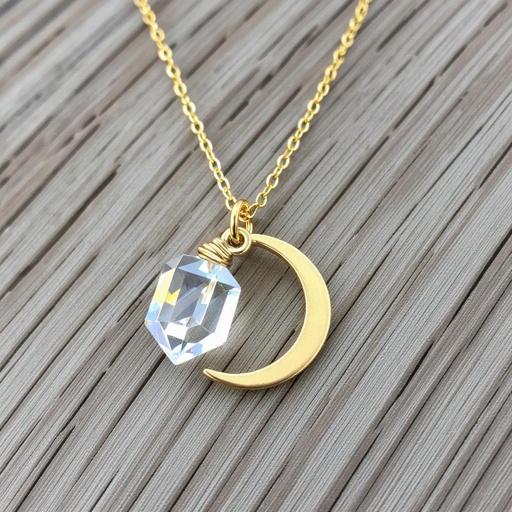 Прозрачный белый длинный кристалл горного хрусталя шестигранный золотой матовый тонкий полумесяц подвеска рядом все на одной цепочке