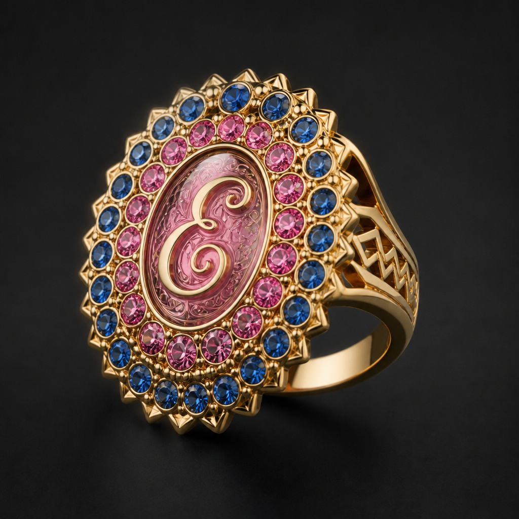 A tribal women's ring. anel de 15 anos com inicial E com pedras rosa dentro com azul e rosa em volta
photorealistic jewelry design, A tribal women's ring. anel de 15 anos com inicial E com pedras rosa dentro com azul e rosa em volta, tribal style, just the design no text