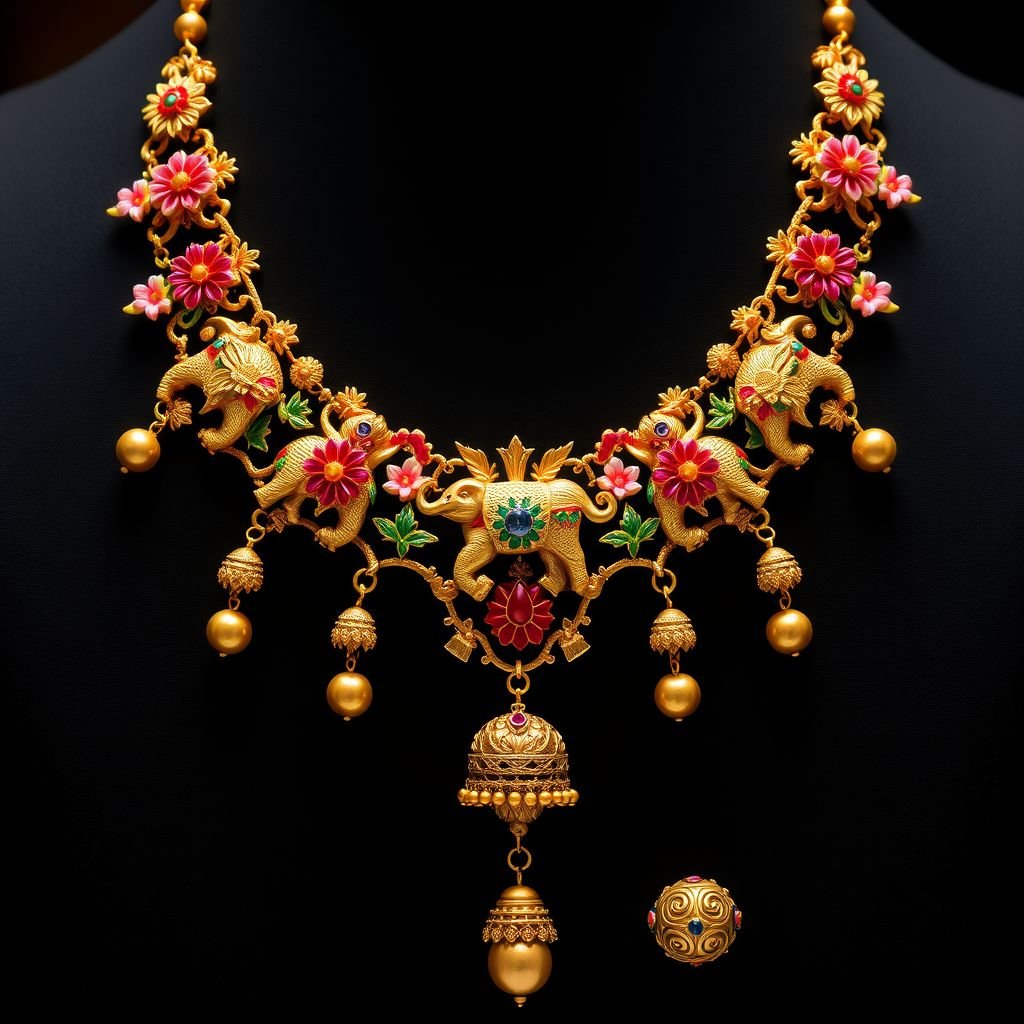 I want heritage Jewllery which are include figure like elephant,jadau birds and many more animal and flower and it’s kundan jewllery and make necklace style which easy to wear in neck and down side of necklace small gola balls which are included small small gughari ball 
