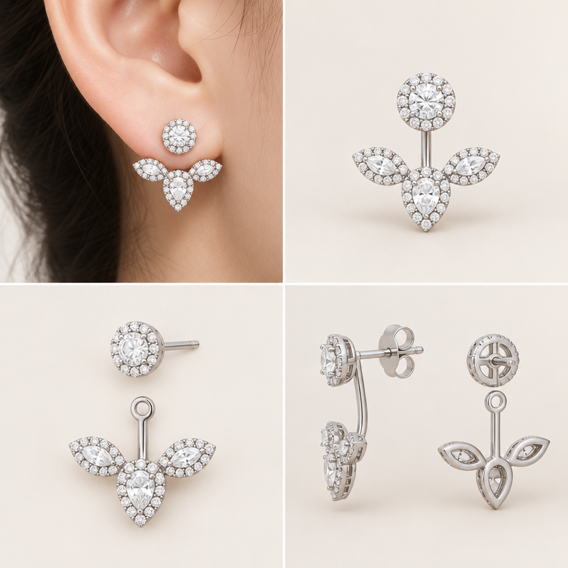 A women's earrings, minimalist, simple and delicate, clean lines. สามารถถอดออกเป็นส่วนๆได้,เปลี่ยนใบไม้ให้เป็นเม็ดเดี่ยวล้อมเพียง1ชั้น,4 views
using the attached image as a visual reference, create A women's earrings, minimalist, simple and delicate, clean lines. สามารถถอดออกเป็นส่วนๆได้,เปลี่ยนใบไม้ให้เป็นเม็ดเดี่ยวล้อมเพียง1ชั้น,4 views. photorealistic, just the design no text