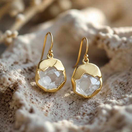 Серьги матовое золото с эффектом неровности Необработанный кварц 