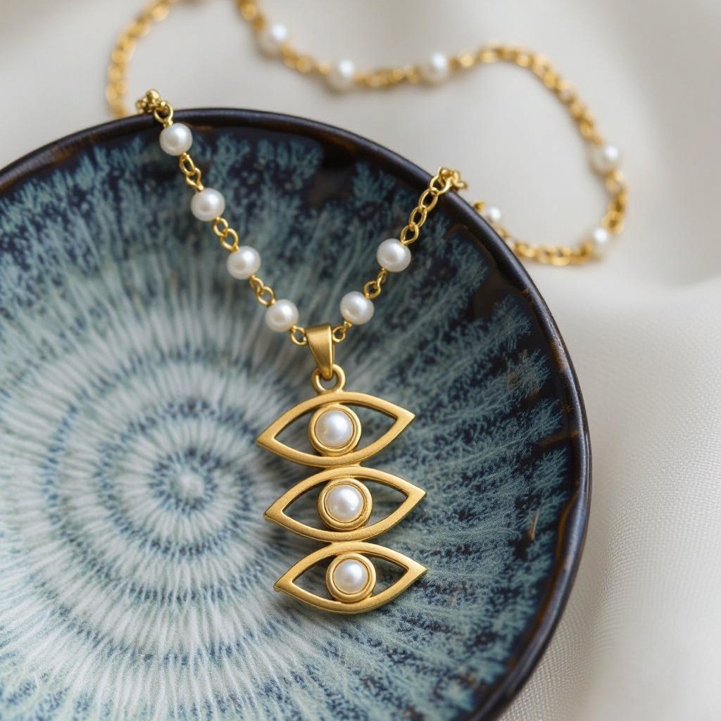 Кулон на длинной цепочке. Матовое светлое золото. В цепочке небольшие золотые шарики и жемчуг. Кулон в форме трех глаз, два горизонтально и один между ними сверху вертикально узоры завитушки 