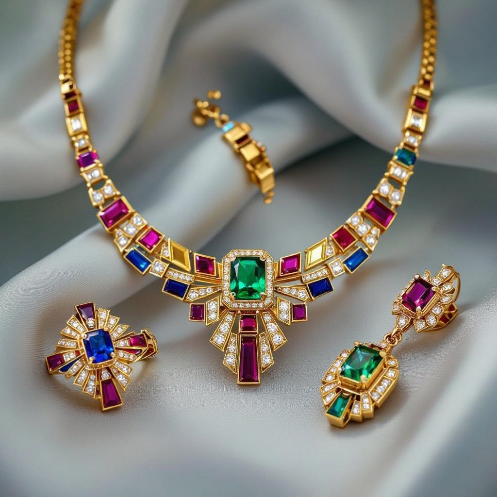 Necklace and ring and earring with luxury colorful jewel with gold
