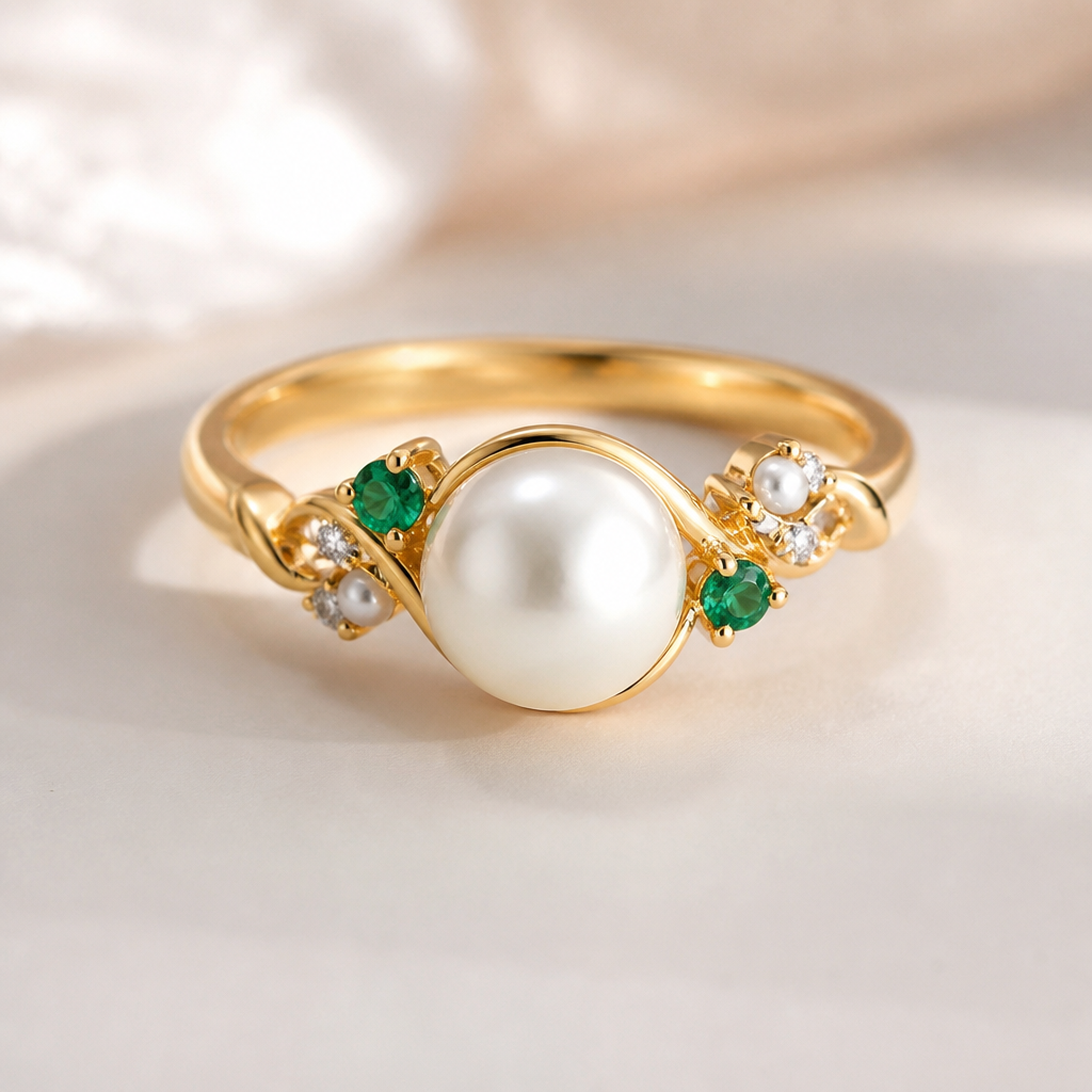 A pearl-adorned women's ring made of gold with emerald and pearl stones suitable for daily wear. Soft but luxurious design
photorealistic jewelry design, A pearl-adorned women's ring made of gold with emerald and pearl stones suitable for daily wear. Soft but luxurious design, pearl_adorned style, just the design no text