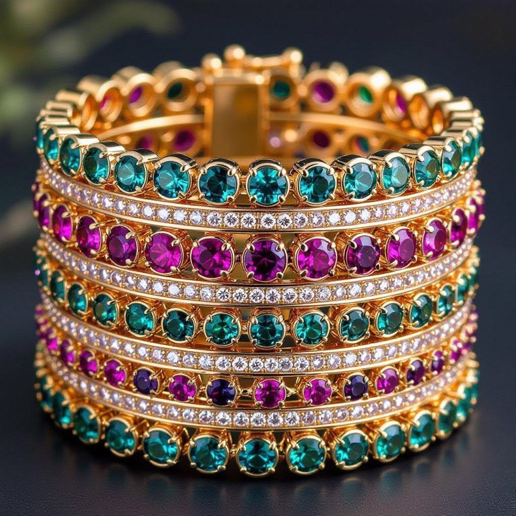 Make a birthday cake inspired bracelet which is three layered and studded with teal , dark violet and dark pink and magenta gemstones 