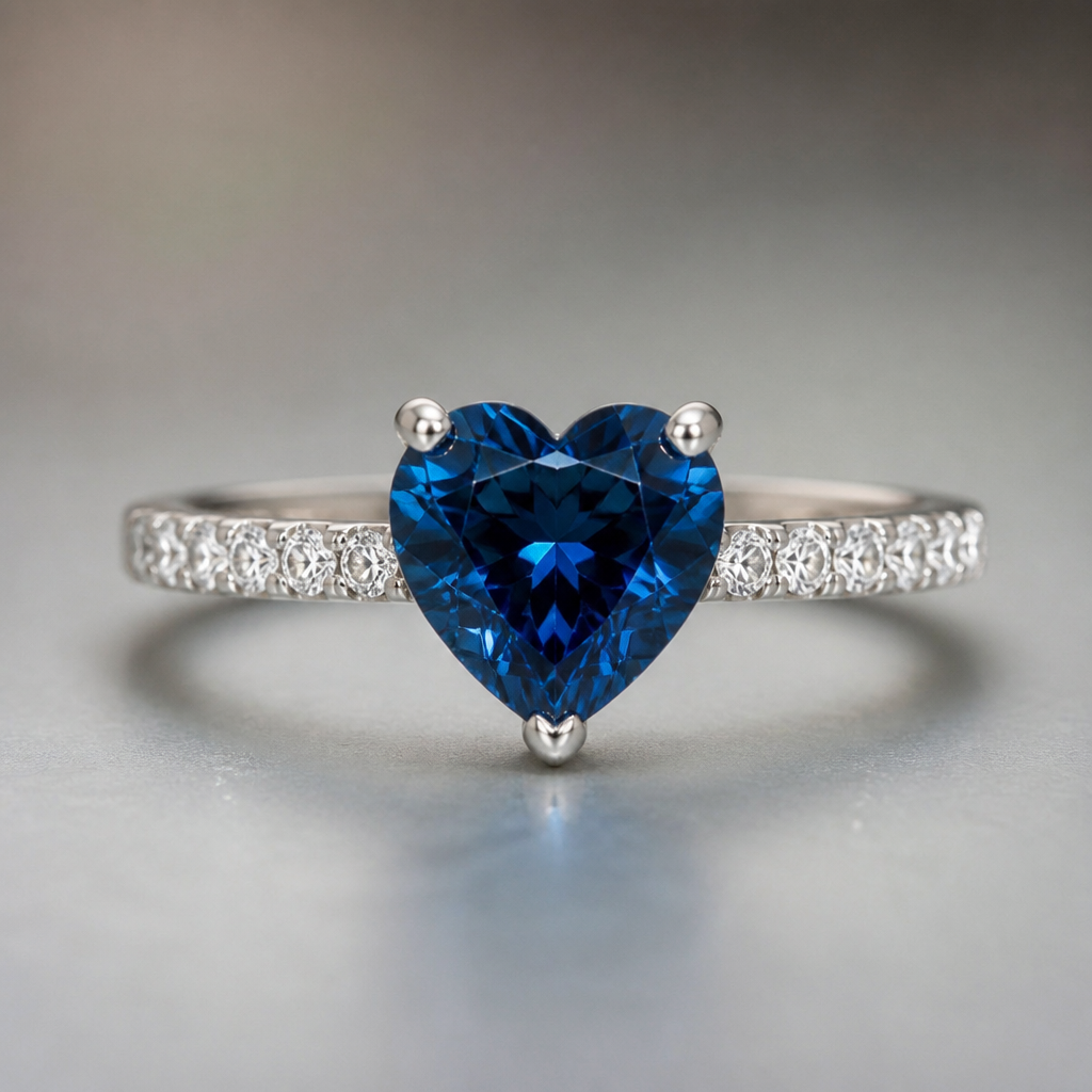 Blue heart shaped diamond ring with one crystal band
photorealistic jewelry design, Blue heart shaped diamond ring with one crystal band , classic style, just the design no text