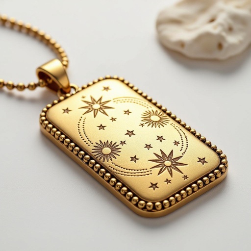 Золотой матовый медальон в форме неровного прямоугольника с округлыми краями. По краям выпуклые точки сплошной линией. На прямоугольнике разные мелкие узоры вырезаны. Символически изображена земля и звезды