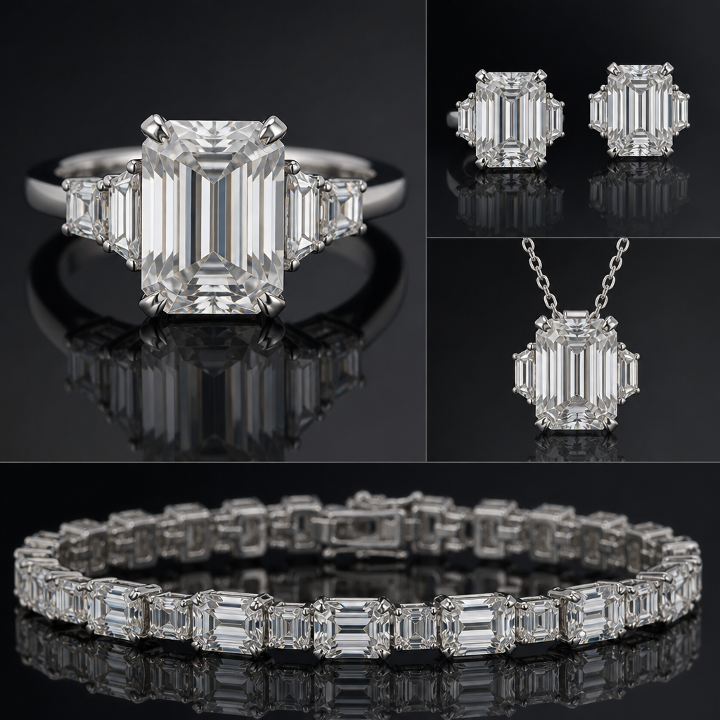 10ct diamond with side stones ring, earrings, pendant and bracelet
photorealistic jewelry design, 10ct diamond with side stones ring, earrings, pendant and bracelet , geometric style, just the design no text