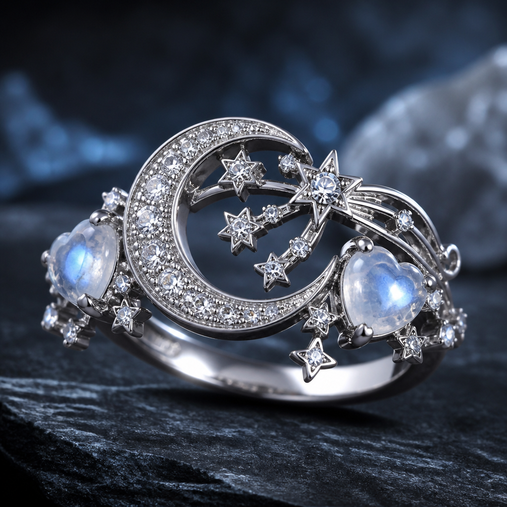 A fantasy women's ring made of silver with diamond stones suitable for gift. I want a full moon or crescent moon with stars or falling stars that have tiny white round stones and moonstone heart-shaped stones on each side
photorealistic jewelry design, A fantasy women's ring made of silver with diamond stones suitable for gift. I want a full moon or crescent moon with stars or falling stars that have tiny white round stones and moonstone heart-shaped stones on each side, fantasy style, just the design no text