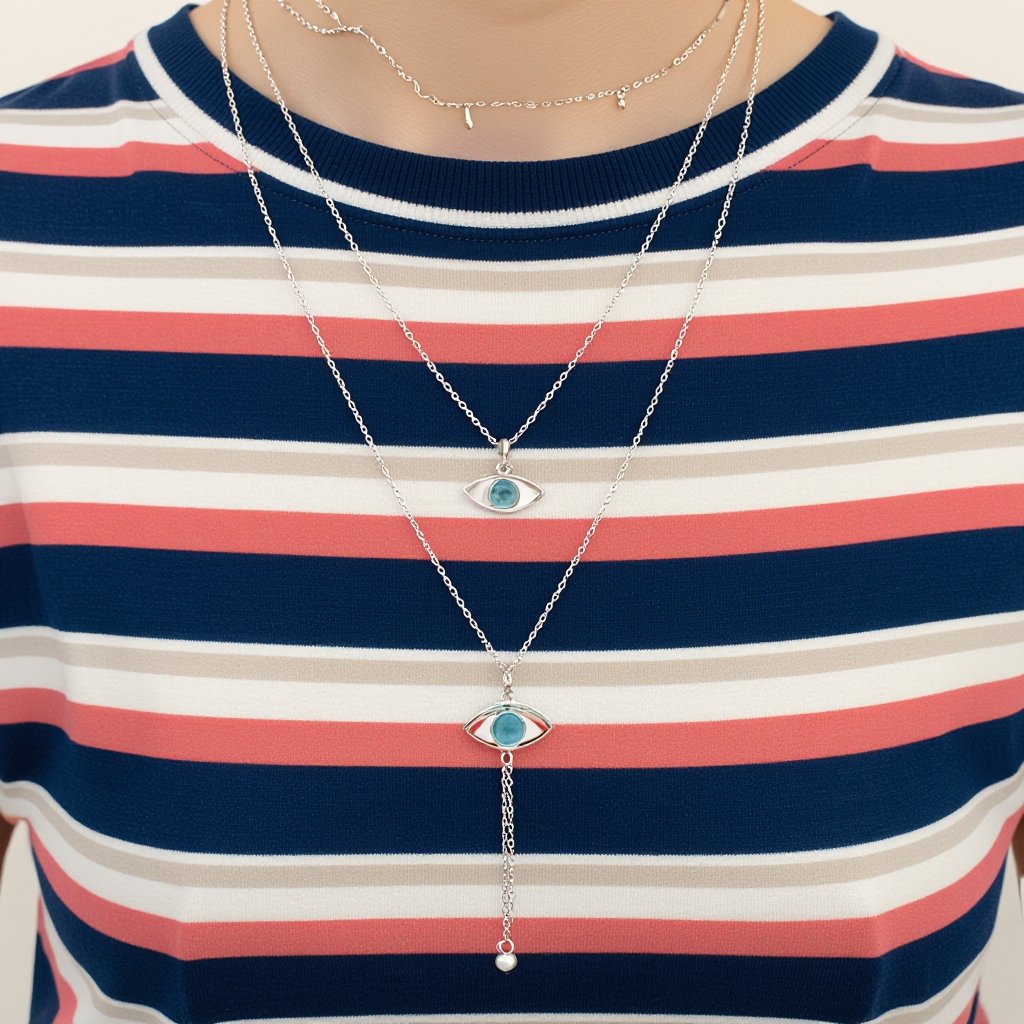 Тонкая цепочка с серебряными шариками и мелкими жемчужными камушками на цепочке есть кулон в форме глаза, зрачок глаза из аквамарина от глаза идет маленькая подвеска с серебряными цепочками разной длины