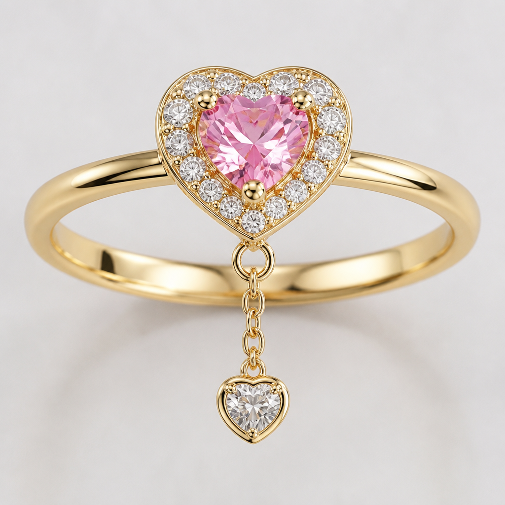 A women's ring. beautiful baby pink diomand in heart shape covered by a small diamond and below that heart with a gold chain
photorealistic jewelry design, A women's ring. beautiful baby pink diomand in heart shape covered by a small diamond and below that heart with a gold chain, modern style, just the design no text
