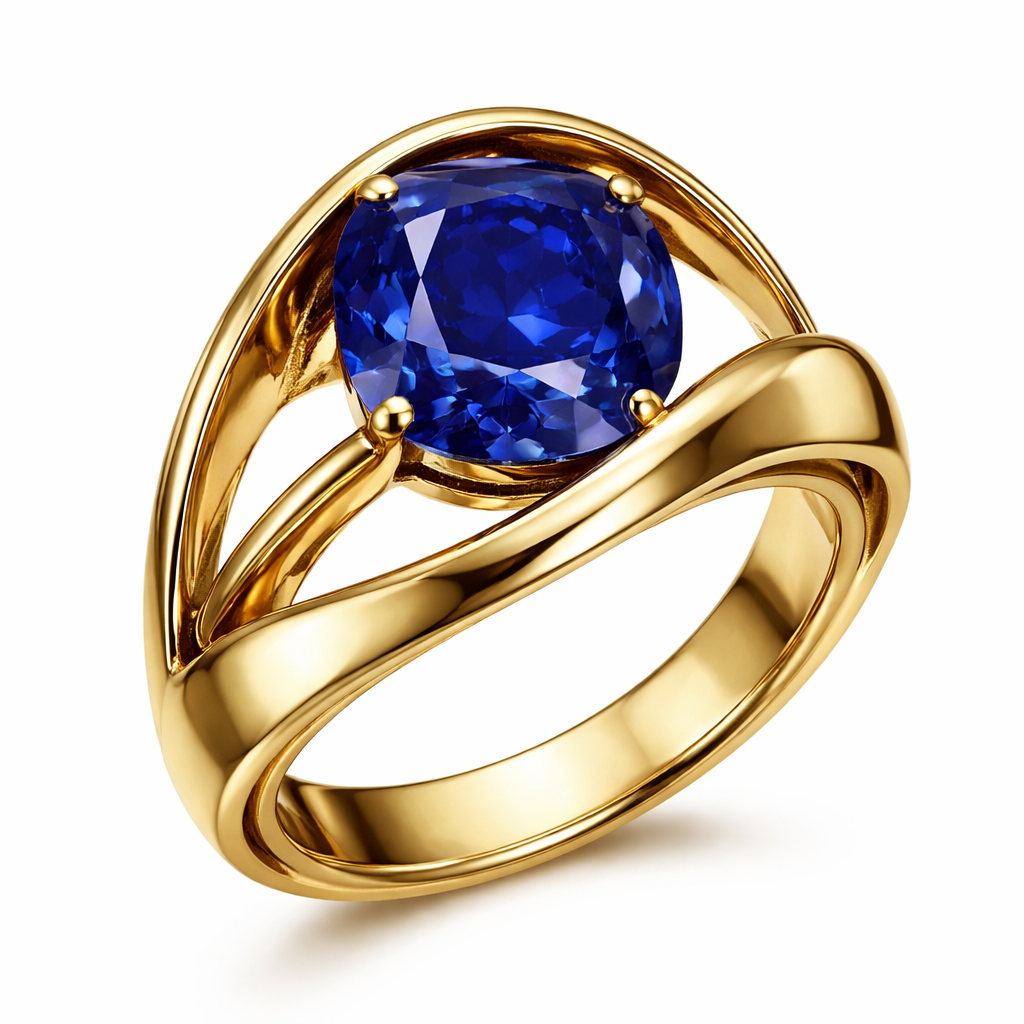 4 carat cushion royal blue sapphire something like contemporary art ring in yellow gold only and with no additional stones