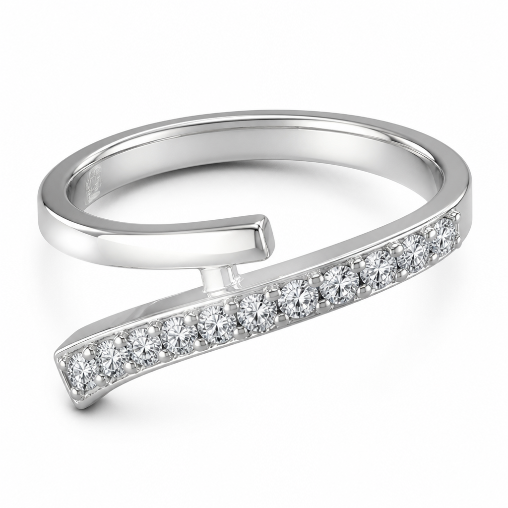 A modern women's ring made of silver with diamond stones. Un bague comme l'image de référence, mais enlever l'anneau du dessus identifier avec du crayon rouge
photorealistic jewelry design, A modern women's ring made of silver with diamond stones. Un bague comme l'image de référence, mais enlever l'anneau du dessus identifier avec du crayon rouge, modern style, just the design no text