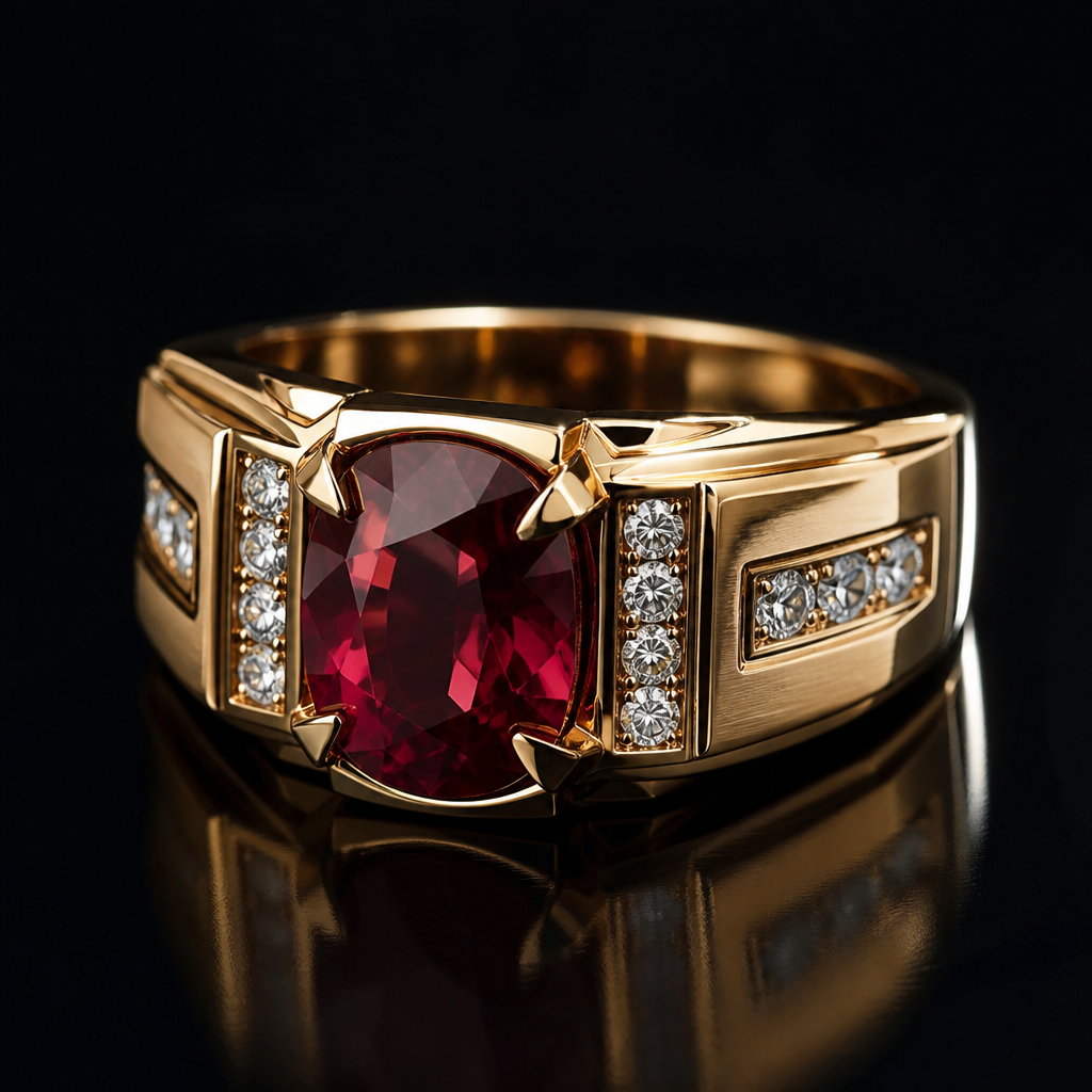 Um anel masculino em ouro 18k com rubi e diamantes
photorealistic jewelry design, Um anel masculino em ouro 18k com rubi e diamantes , luxury style, just the design no text