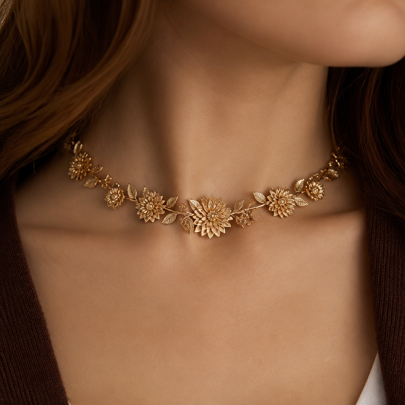 A nature women's necklace made of gold, highly ornate, intricate and elaborate, richly detailed. instead of bows, change them to dahlias .
using the attached image as a visual reference, create A nature women's necklace made of gold, highly ornate, intricate and elaborate, richly detailed. instead of bows, change them to dahlias .. photorealistic, just the design no text