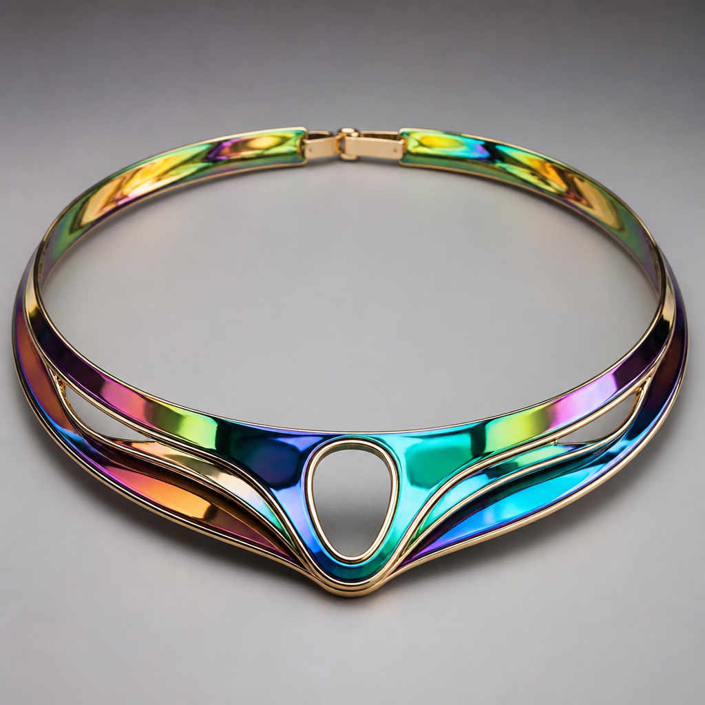 A women's ring. multicolour colourful metallic futuristic chocker
photorealistic jewelry design, A women's ring. multicolour colourful metallic futuristic chocker, modern style, just the design no text