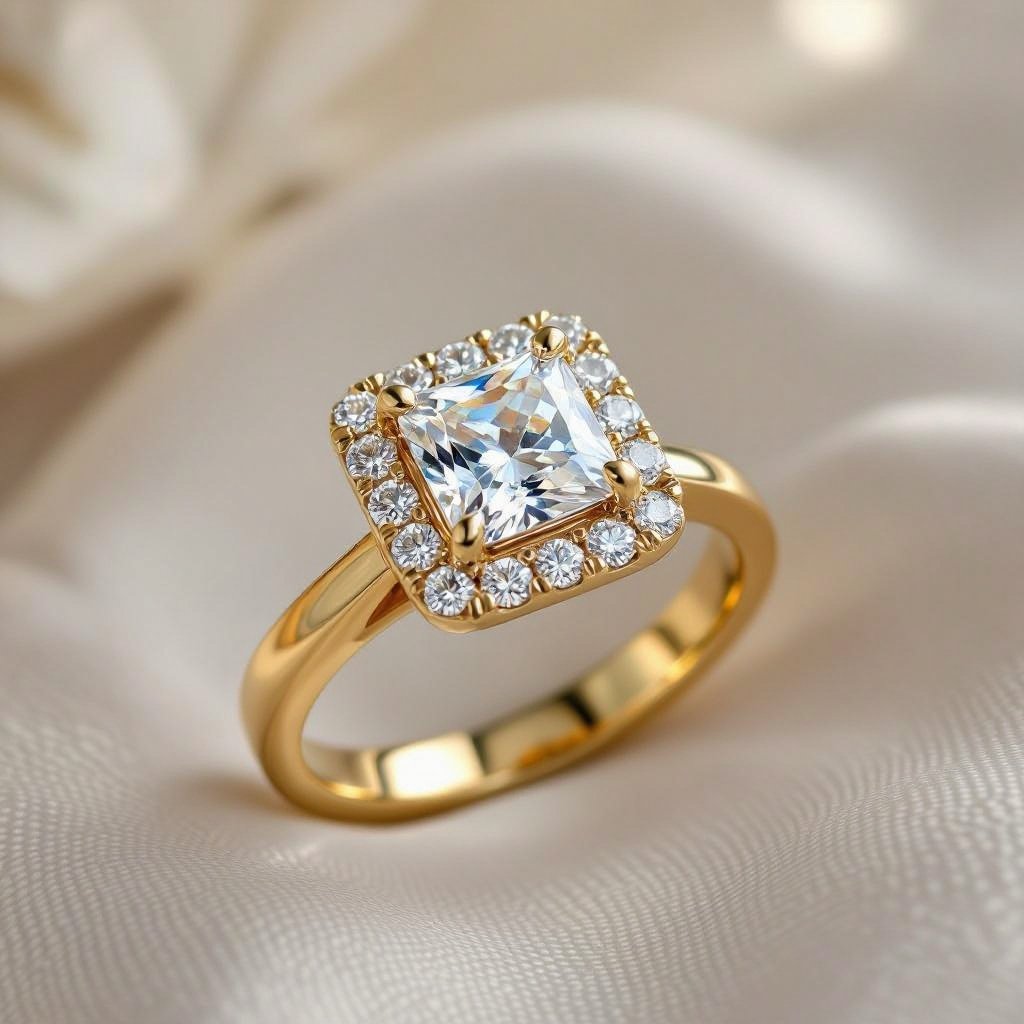 Square diamond with square halo, thick ring band