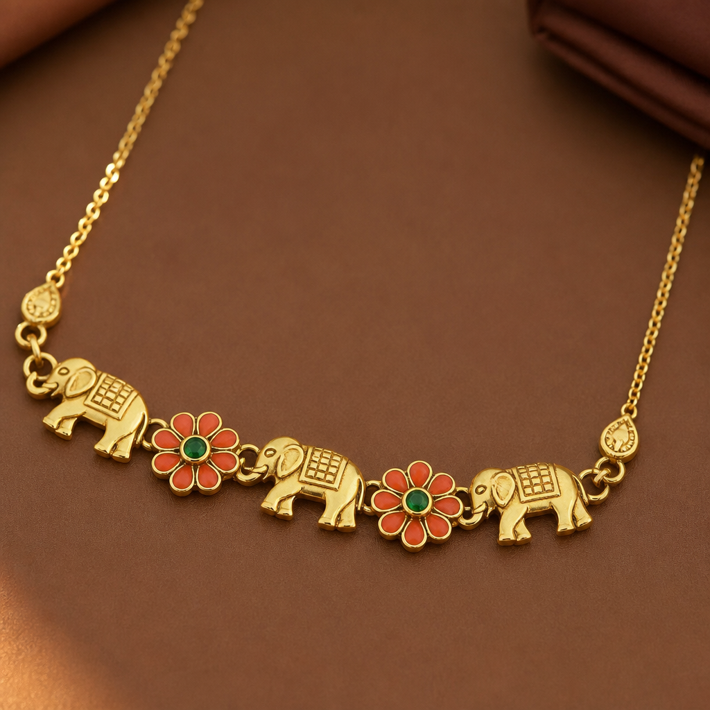 A women's necklace made of gold. I want to add small flower design afetr that elephant design in that flower must be coral inside i want green stone .keep same design just extra add that flower design
photorealistic jewelry design, A women's necklace made of gold. I want to add small flower design afetr that elephant design in that flower must be coral inside i want green stone .keep same design just extra add that flower design, modern style, just the design no text