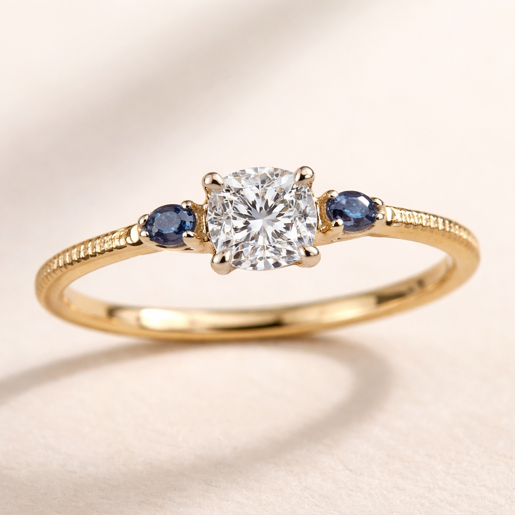 A women's ring. La Bague Idéale — "Lumière Silencieuse"
Forme & Structure
Un anneau fin en or jaune 18 carats, légèrement texturé sur les côtés pour capturer la lumière sans être criard. La largeur est discrète — environ 2 mm — pour rester élégante sur tous les types de mains.
La Pierre
Au centre, un diamant taille coussin d'environ 0,8 carat, serti en griffes délicates (4 griffes fines en platine). La taille coussin mêle la douceur du rond et le caractère du carré — elle brille différemment selon l'angle, comme une flamme qui change.
Les Détails
De chaque côté de la pierre principale, deux petits saphirs bleus profonds en taille ovale, discrets mais présents — comme deux gardiens. Leur bleu évoque la mer la nuit.. Refinement: sa manque de pierre précieuse et de metan spécial
A women's ring. La Bague Idéale — "Lumière Silencieuse"
Forme & Structure
Un anneau fin en or jaune 18 carats, légèrement texturé sur les côtés pour capturer la lumière sans être criard. La largeur est discrète — environ 2 mm — pour rester élégante sur tous les types de mains.
La Pierre
Au centre, un diamant taille coussin d'environ 0,8 carat, serti en griffes délicates (4 griffes fines en platine). La taille coussin mêle la douceur du rond et le caractère du carré — elle brille différemment selon l'angle, comme une flamme qui change.
Les Détails
De chaque côté de la pierre principale, deux petits saphirs bleus profonds en taille ovale, discrets mais présents — comme deux gardiens. Leur bleu évoque la mer la nuit.. Refinement: sa manque de pierre précieuse et de metan spécial
