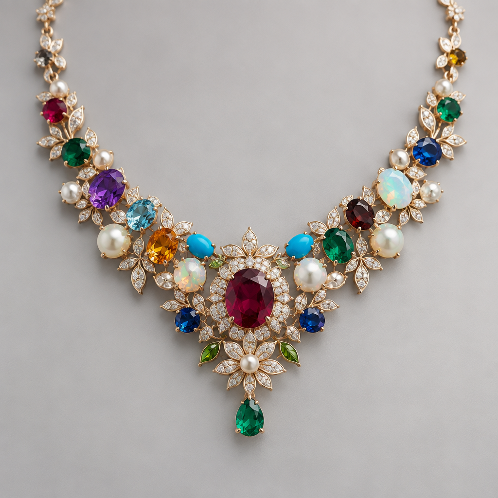 A women's necklace with diamond and ruby and pearl and emerald and sapphire and amethyst and opal and topaz and turquoise and aquamarine and garnet stones. a gem surrounded by flowers
photorealistic jewelry design, A women's necklace with diamond and ruby and pearl and emerald and sapphire and amethyst and opal and topaz and turquoise and aquamarine and garnet stones. a gem surrounded by flowers, modern style, just the design no text