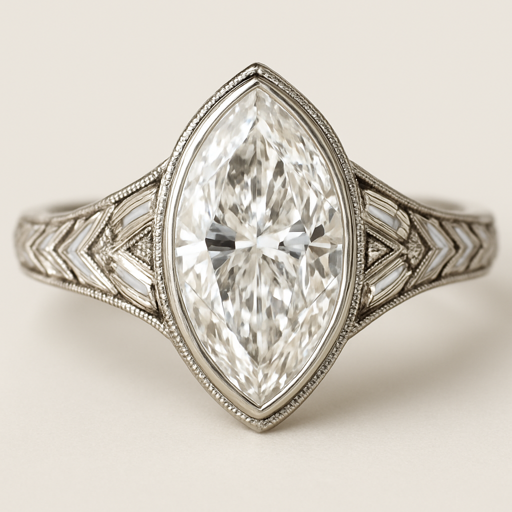 Bezel set 6 carat marquise diamond center stone with baguette diamonds in a herringbone pattern in the band