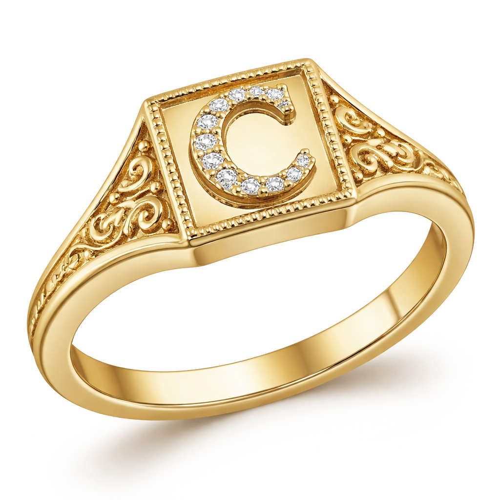 A classic women's ring made of gold. un anillo no tan gordo abajo más bien un poco fino no tanto q mientras valla subiendo aumente su tamaño q haga una forma media triángular pero cuadrada la punta q en el medideñl cuadrado tenga una C q q este de tamaño entero en el cuadrado y en los lados q van de finos a medio triángular q tenga diseños como ~•~ en los dos lados