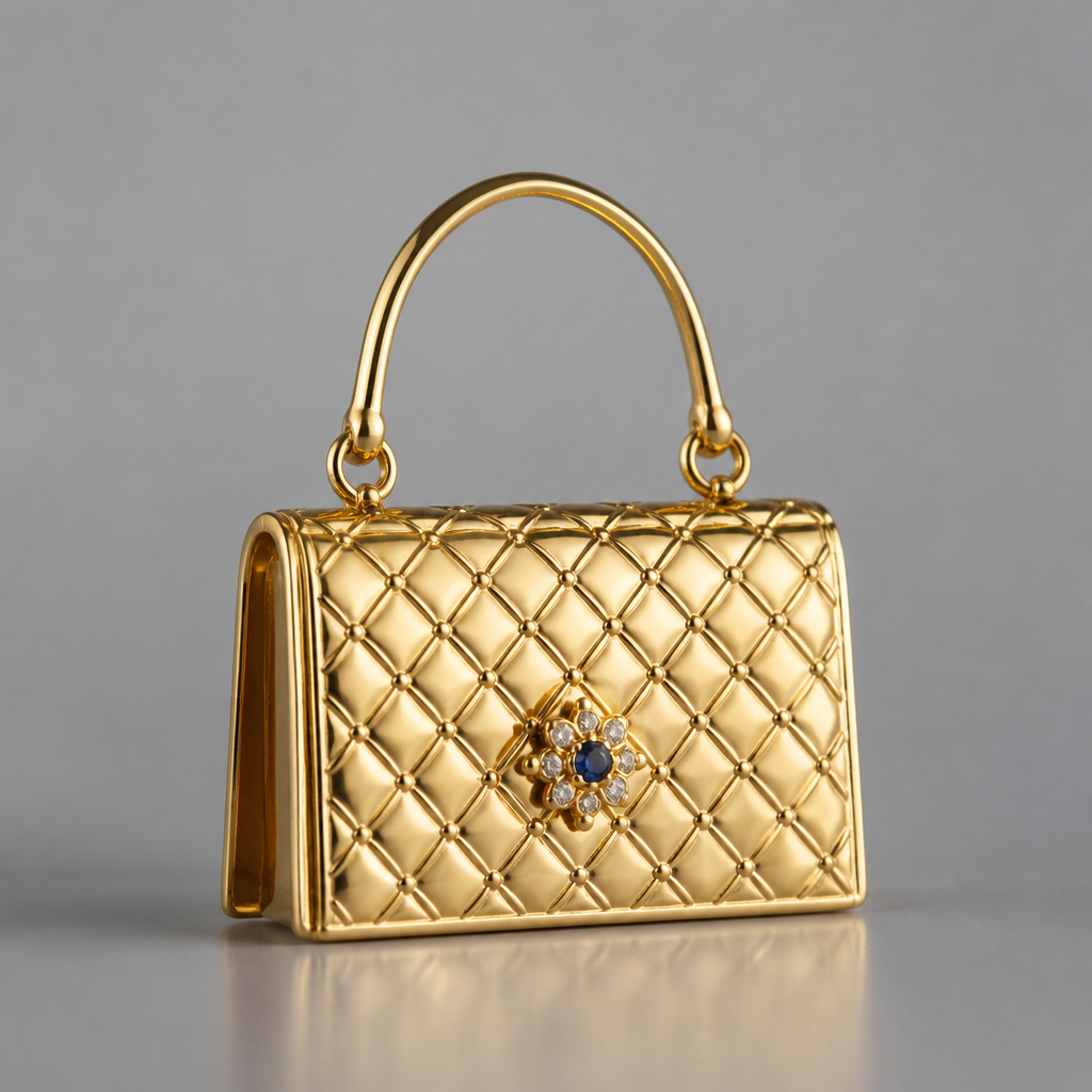 An elegant gold 18k bag with a little diamond blue
photorealistic jewelry design, An elegant gold 18k bag with a little diamond blue , just the design no text