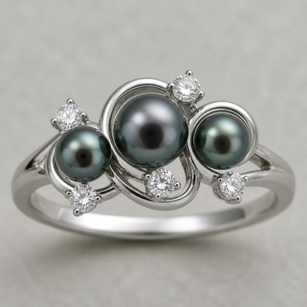 Create a ring setting three small Tahitian Pearls in a gold swirl design with five brilliant round Diamonds prong scatter set around the Tahitian Pearls set in swirls of 14 karat white gold. The center Pearl could be slightly large larger than the two side Pearls.
photorealistic jewelry design, Create a ring setting three small Tahitian Pearls in a gold swirl design with five brilliant round Diamonds prong scatter set around the Tahitian Pearls set in swirls of 14 karat white gold. The center Pearl could be slightly large larger than the two side Pearls., just the design no text