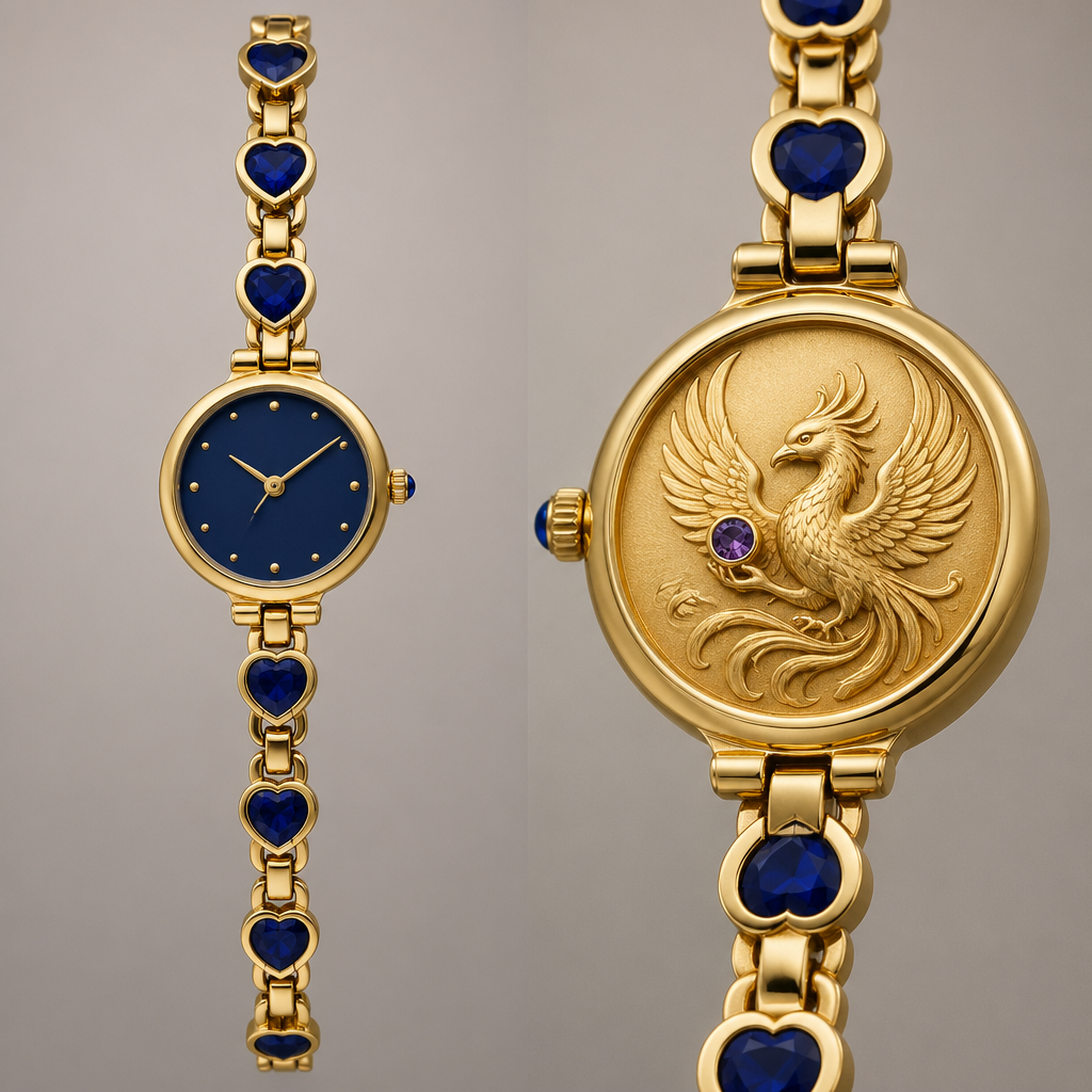 A minimalist women's watch made of gold with sapphire stones suitable for daily wear. com fio mais robusto mas elegante, em ouro, com 7 corações com pedra saphire azul, espaçados entre si 0,05mm, a joia em si, no fundo do relógio, uma fenix segurando gentilmente uma pedra pequena amethyst. um relógio simples, elegante, discreto para usar no dia a dia com um toque de charme e poder
photorealistic jewelry design, A minimalist women's watch made of gold with sapphire stones suitable for daily wear. com fio mais robusto mas elegante, em ouro, com 7 corações com pedra saphire azul, espaçados entre si 0,05mm, a joia em si, no fundo do relógio, uma fenix segurando gentilmente uma pedra pequena amethyst. um relógio simples, elegante, discreto para usar no dia a dia com um toque de charme e poder, minimalist style, just the design no text