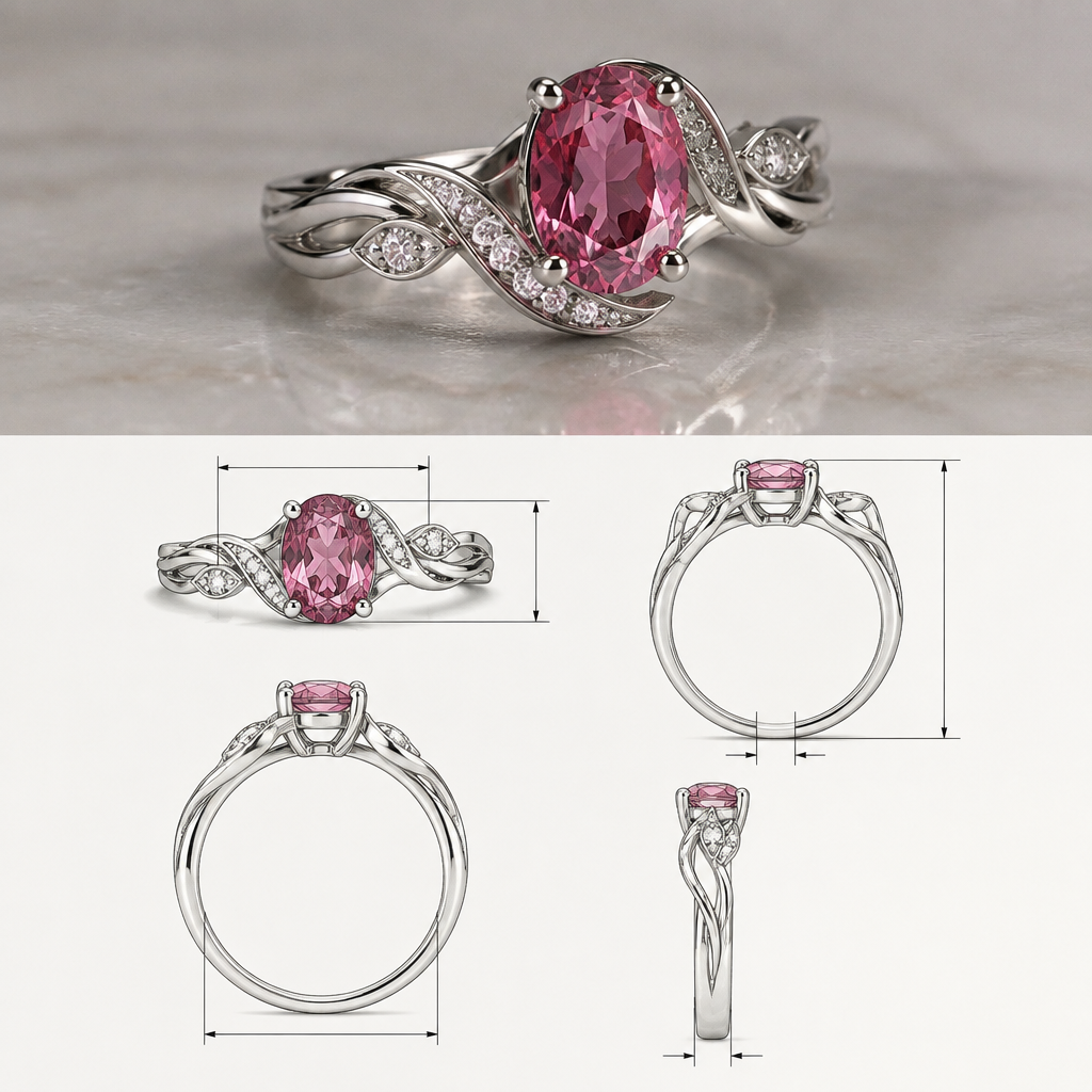 A contemporary women's ring made of silver with garnet stones, detailed and decorative, moderately ornate. using the piece in the photo i would like a ring with a pink oval garnet mounted
i would like to see a photo reealistic rendering of the piece and also a sketch with detailed measurment
photorealistic jewelry design, A contemporary women's ring made of silver with garnet stones, detailed and decorative, moderately ornate. using the piece in the photo i would like a ring with a pink oval garnet mounted
i would like to see a photo reealistic rendering of the piece and also a sketch with detailed measurment, contemporary style, just the design no text