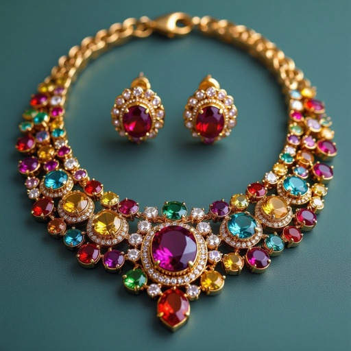 Necklace and ring and earring with luxury colorful jewel with gold