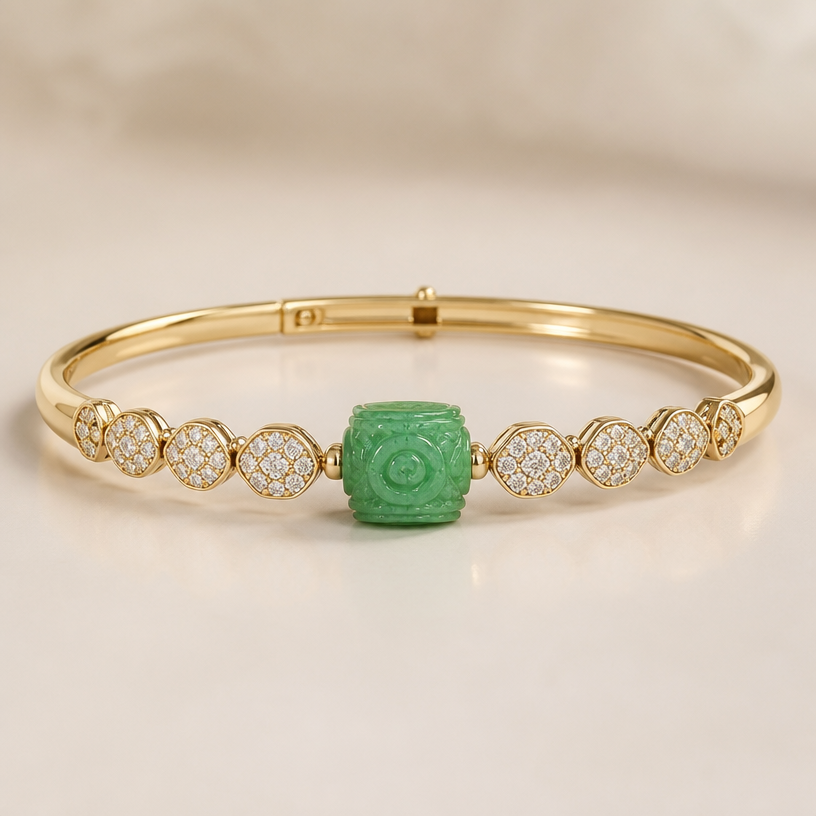 A bangle women's bracelet made of gold with diamond stones suitable for daily wear. Use 12 tablets.
using the attached image as a visual reference, create A bangle women's bracelet made of gold with diamond stones suitable for daily wear. Use 12 tablets.. photorealistic, just the design no text