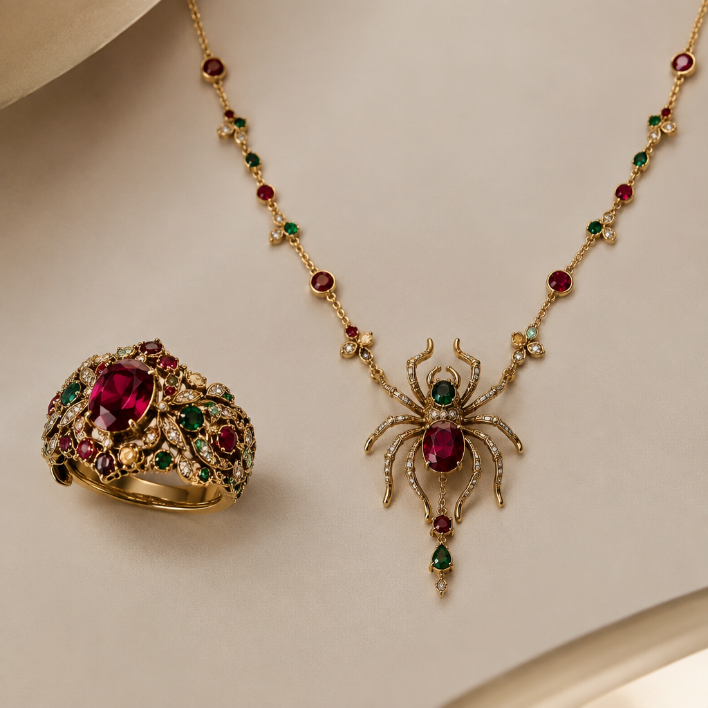 A women's ring with ruby and emerald stones, highly ornate, intricate and elaborate, richly detailed. Create a delicate necklace with small red and green stones and a spider in the center. It should be golden and delicate.
photorealistic jewelry design, A women's ring with ruby and emerald stones, highly ornate, intricate and elaborate, richly detailed. Create a delicate necklace with small red and green stones and a spider in the center. It should be golden and delicate., modern style, just the design no text