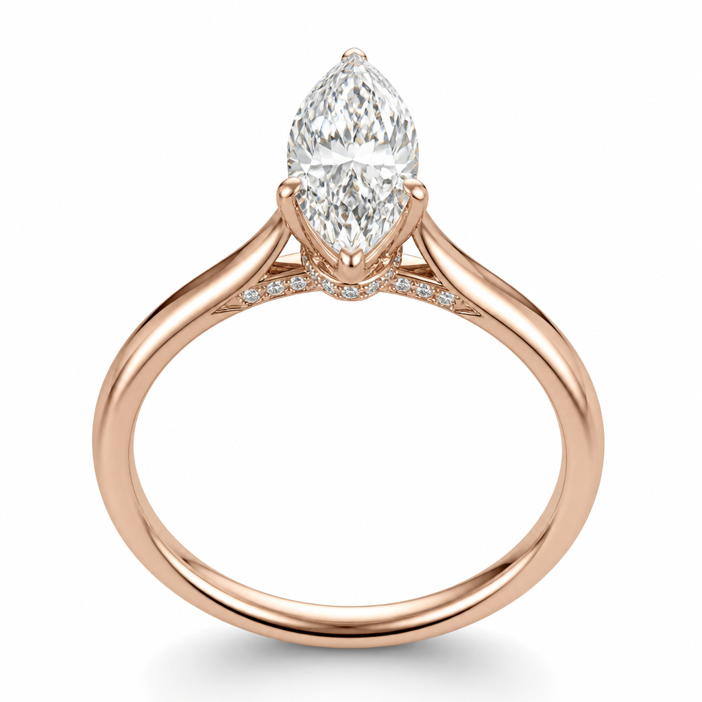 Solitaire ring with marquee and secret halo pave
photorealistic jewelry design, Solitaire ring with marquee and secret halo pave , just the design no text