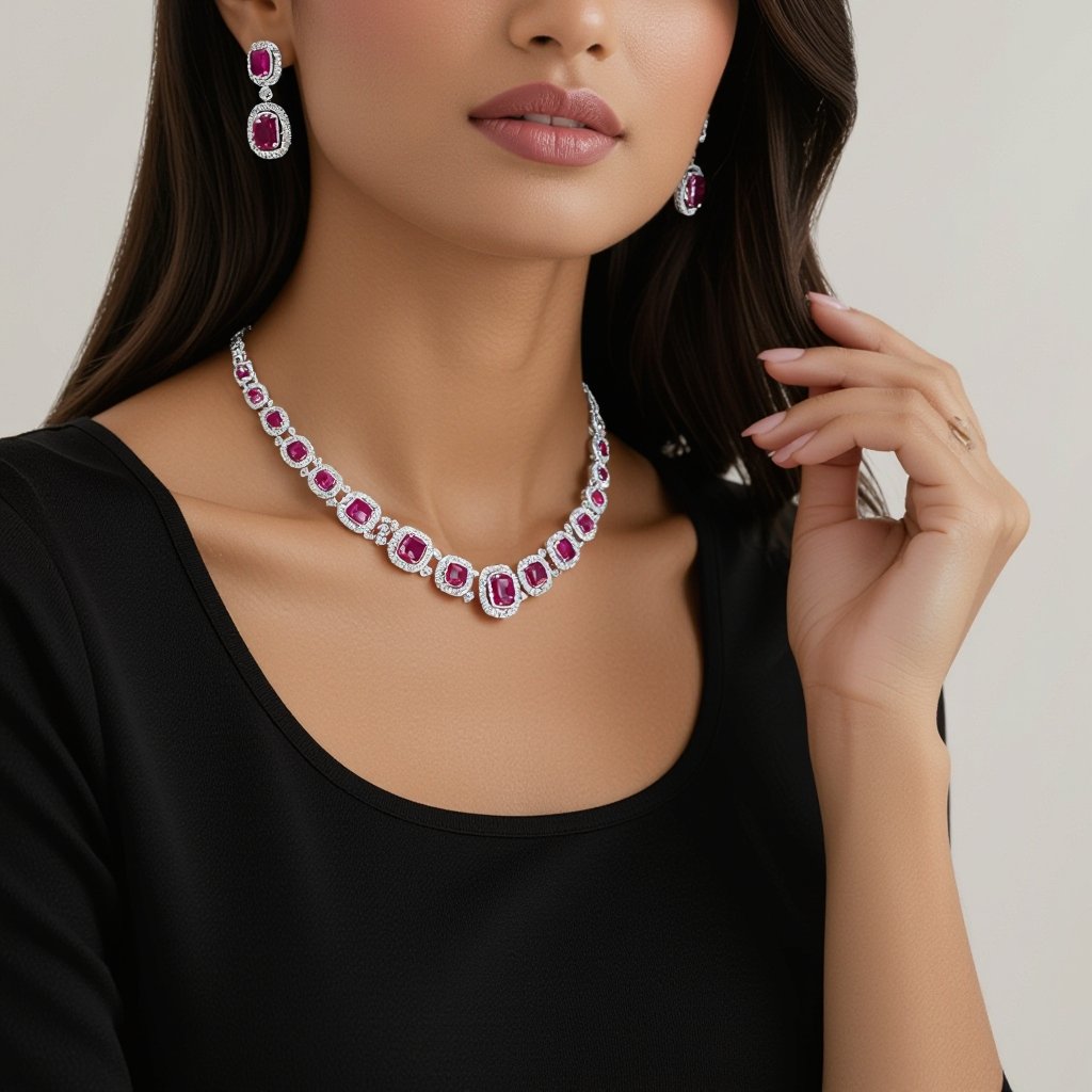 American diamond ruby heavy necklace for Indian girl 