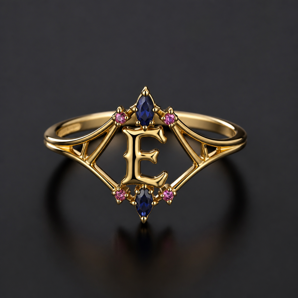 A gothic women's ring made of gold, minimalist, simple and delicate, clean lines. um anel de 15 anos com inicial E com pedrinhas azul e pedrinhas rosa em volta
photorealistic jewelry design, A gothic women's ring made of gold, minimalist, simple and delicate, clean lines. um anel de 15 anos com inicial E com pedrinhas azul e pedrinhas rosa em volta, gothic style, just the design no text