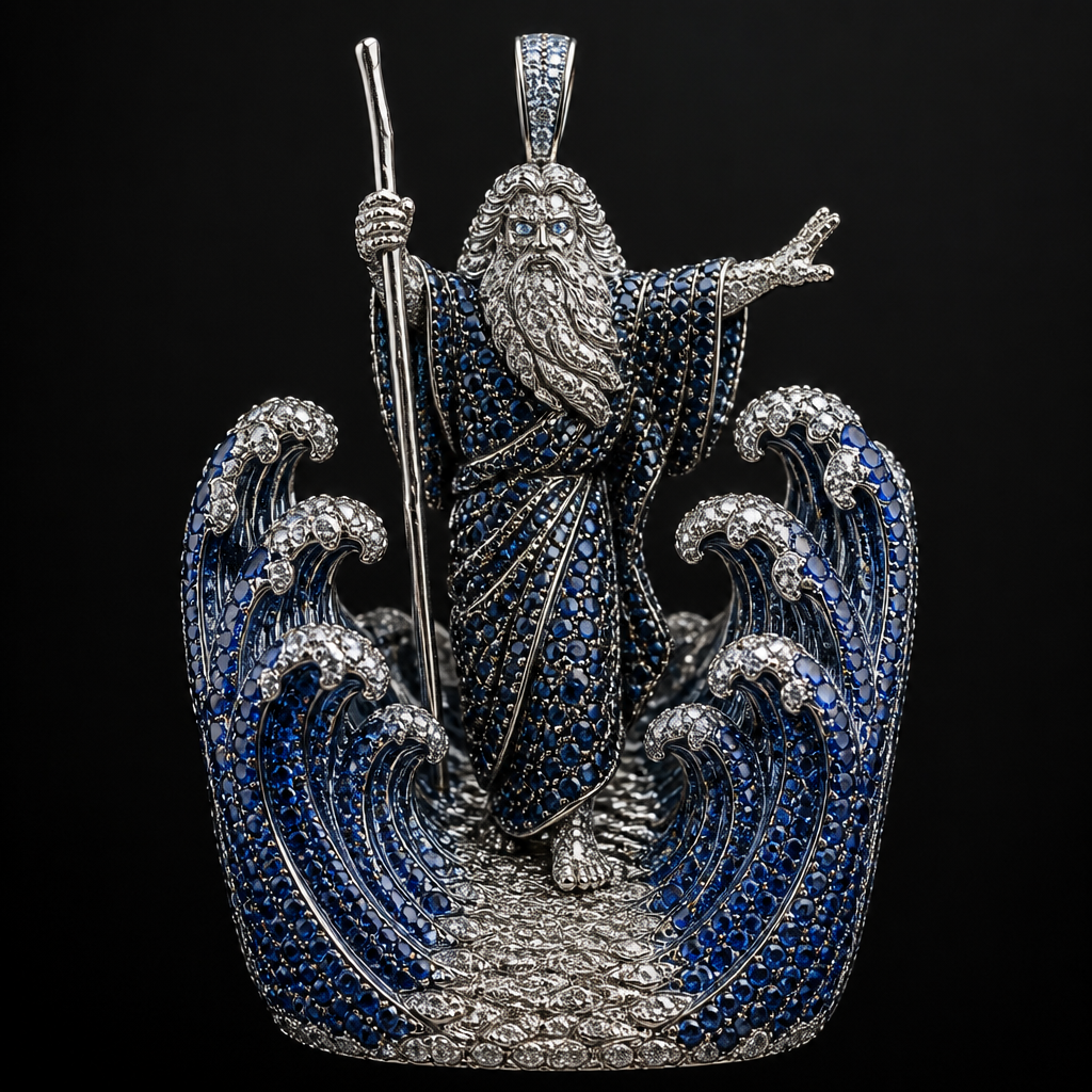 Moses splitting the see the see in blue sapphires and Moses has his beard in diamonds and his eyes in 25 pointers diamonds
photorealistic jewelry design, Moses splitting the see the see in blue sapphires and Moses has his beard in diamonds and his eyes in 25 pointers diamonds, abstract style, just the design no text