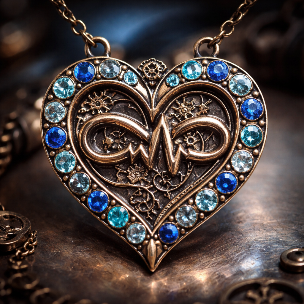 A heart necklace with the infinity symbol and heartbeat wave with alternating March, September and December birthstones all the way around the heart and infinity symbol