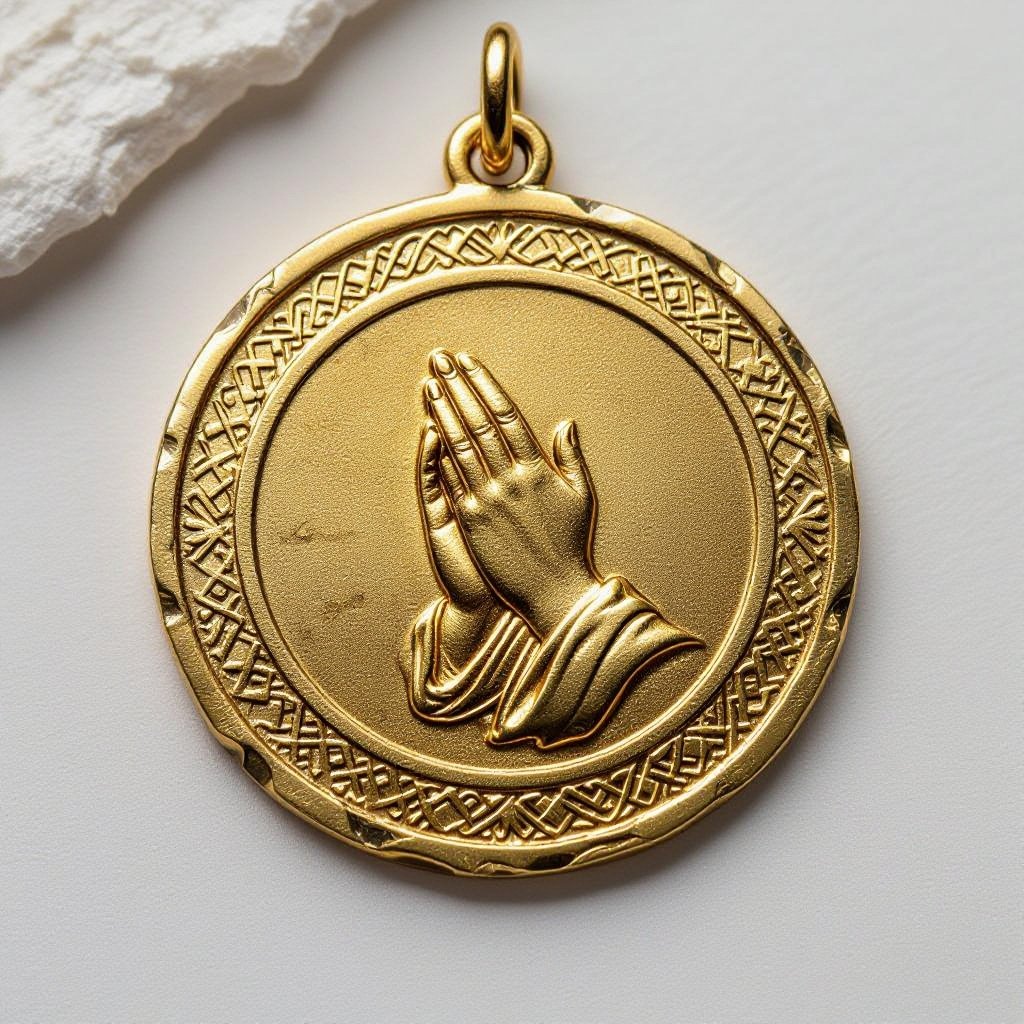 Золотой матовый медальон похожий на мятую монету с неровными краями. По кругу выгравированы изящные узоры. В центре выпуклые ладони, сложенные в молитве и от них исходит свет