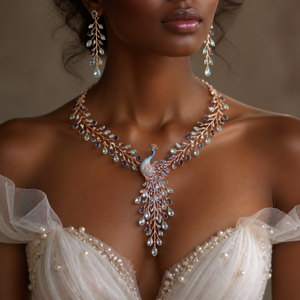 A romantic women's earrings made of rose gold with diamond and sapphire and aquamarine stones suitable for wedding, detailed and decorative, moderately ornate. a delicate and light that looks like a peacock in the middle and its tail covers the whole neck or it acts as a chain with and make that jeweller wear to a dark skin girl with a white ombre perl gown
photorealistic jewelry design, A romantic women's earrings made of rose gold with diamond and sapphire and aquamarine stones suitable for wedding, detailed and decorative, moderately ornate. a delicate and light that looks like a peacock in the middle and its tail covers the whole neck or it acts as a chain with and make that jeweller wear to a dark skin girl with a white ombre perl gown, romantic style, just the design no text