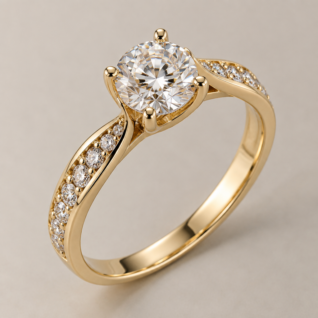 A modern women's ring made of gold with diamond stones suitable for engagement
photorealistic jewelry design, A modern women's ring made of gold with diamond stones suitable for engagement, modern style, just the design no text