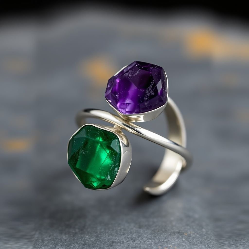 Craft a minimalist silver adjustable ring that delicately embraces the finger. Feature two striking raw natural gemstones—allowing their organic textures and colors to stand out. The design exudes earthy elegance, merging modern style with raw, untamed nature.