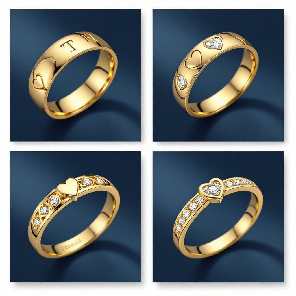 A men’s bold 14K band with repeating raised hearts (one engraved with T, one with K, and diamonds in the others). 	2.	Two identical women’s rings like the one described above — both feminine, delicate, and matching.