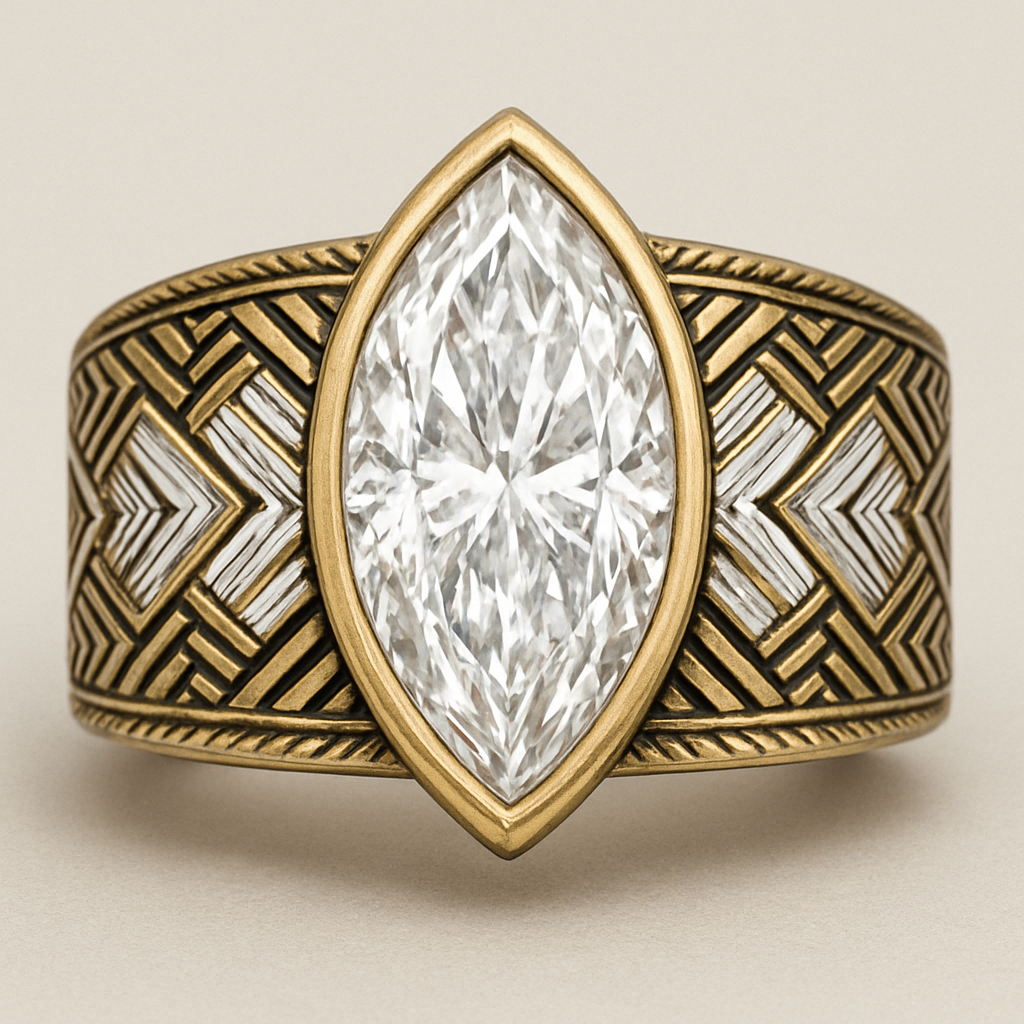 Bezel set 6 carat marquise diamond center stone with baguette diamonds in a herringbone pattern in the band