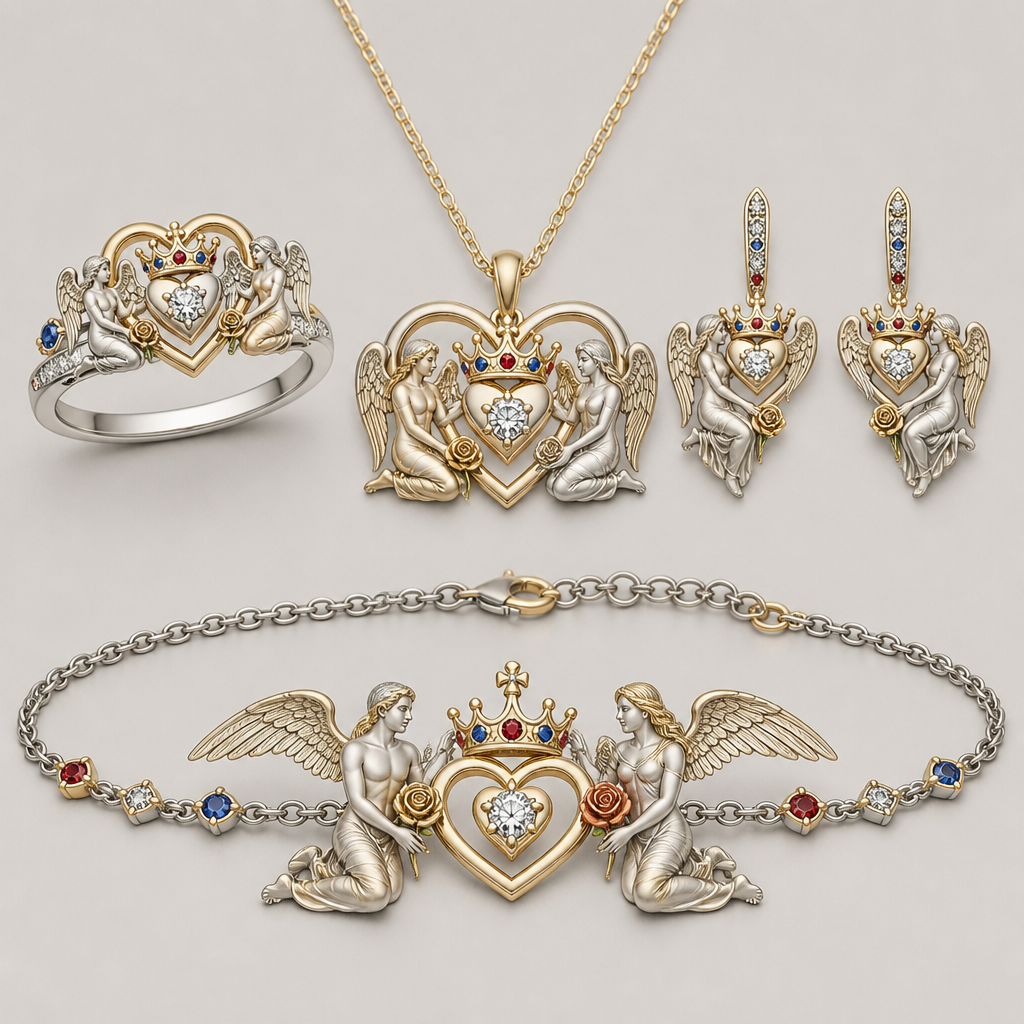A minimalist women's ring made of mixed metal with diamond and ruby and sapphire stones suitable for wedding. An extraordinary beautiful delicate elegant and excellent set of jewelry with a beautiful delicate and elegant ring, two ear rings, a pendant and a bracelet with a heart at the middle and a diamond in the middle of the heart over the heart to be placed a beautiful delicate and elegant queen crown with a diamond in the middle and rubies and sapphires all around the crown, with an extraordinary beautiful delicate and elegant female Angel with a beautiful delicate and elegant face with long hair holding a heart with Her right hand and a rose with Her left hand at the right side of the heart and an extraordinary beautiful delicate and elegant male Angel with an extraordinary beautiful delicate elegant and fit body with a beautiful delicate and elegant face with short hair holding a heart with His right hand and a rose with His left hand at the left side of the heat. Both Angels to be placed to all the items of the set. The Angels to be adult Angels at all the items of the set. The crown to be placed on the heart.