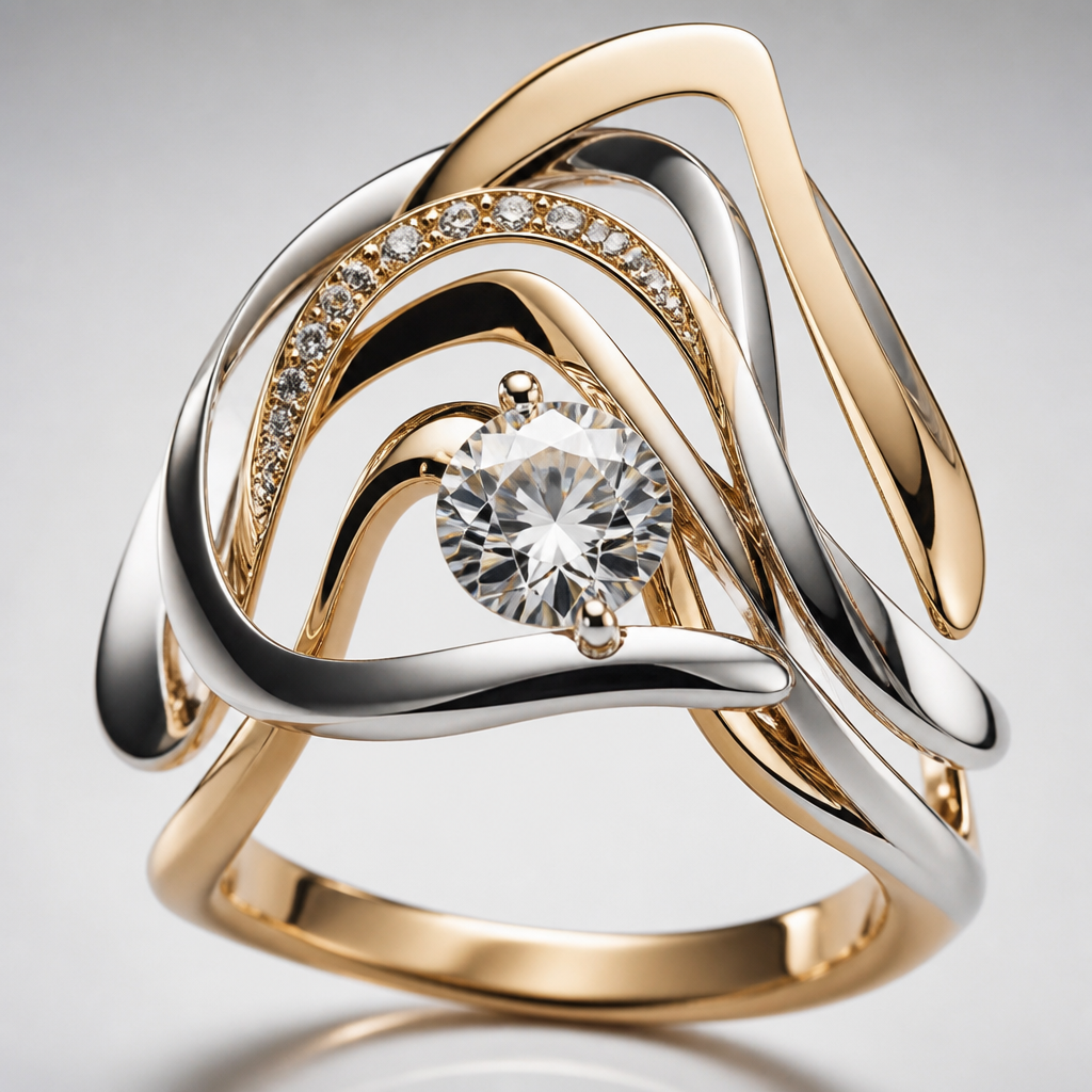 A avant-garde women's ring made of mixed metal with diamond stones suitable for festival. An extraordinary excellent beautiful delicate and elegant solitaire women ring. Face of the ring.
photorealistic jewelry design, A avant-garde women's ring made of mixed metal with diamond stones suitable for festival. An extraordinary excellent beautiful delicate and elegant solitaire women ring. Face of the ring., avant_garde style, just the design no text
